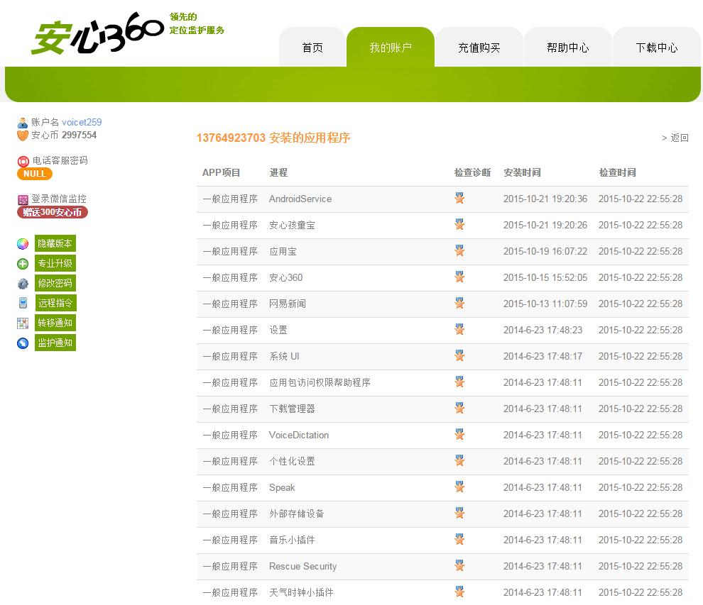安心360应用程序监控界面